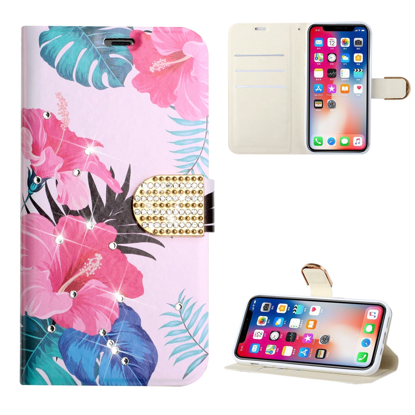 Apple iPhone 13 Mini 5.4 Diamond Bling Vegan Leather Wallet Design Cover Case - Floral A (1102172)