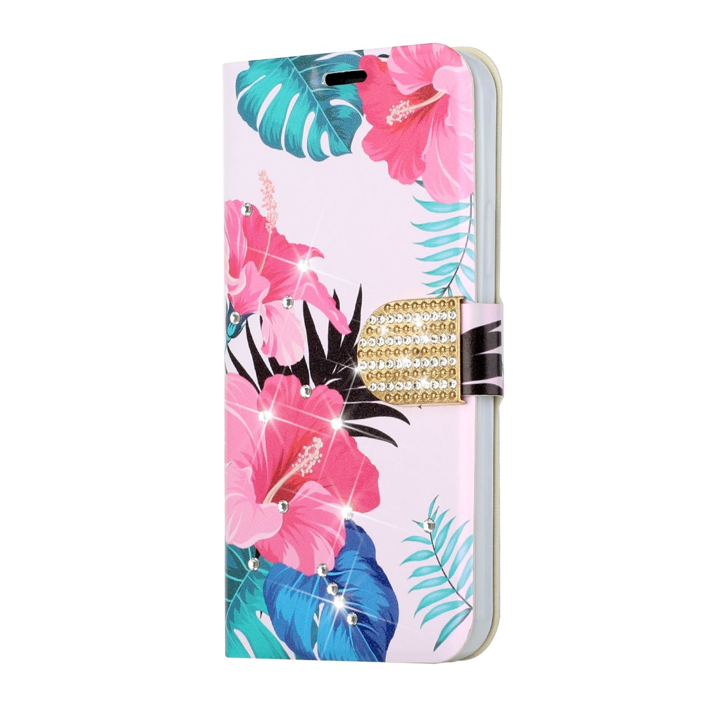 Apple iPhone 13 Mini 5.4 Diamond Bling Vegan Leather Wallet Design Cover Case - Floral A (1102172)