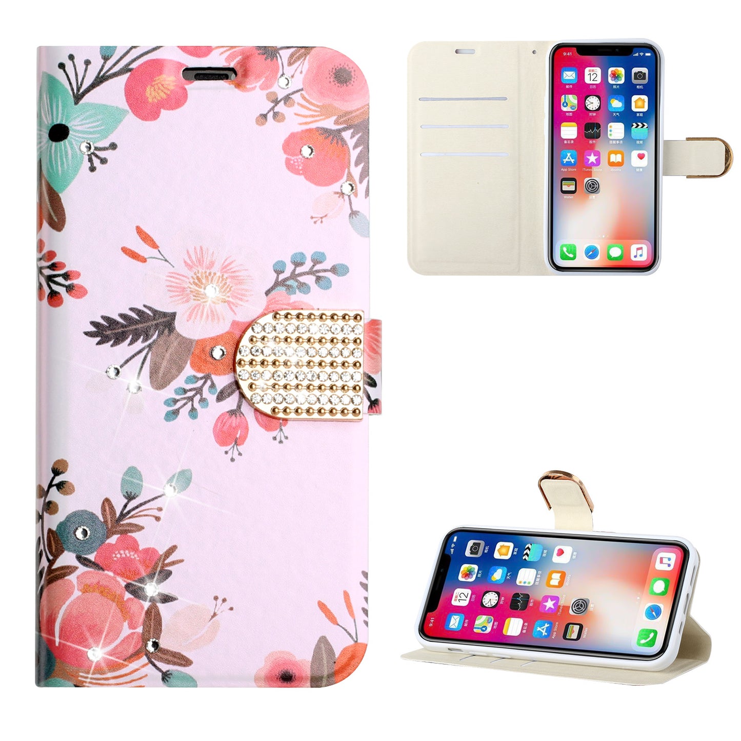Samsung A23 5G Diamond Bling Vegan Leather Wallet Design Cover Case - Floral B (1105094)