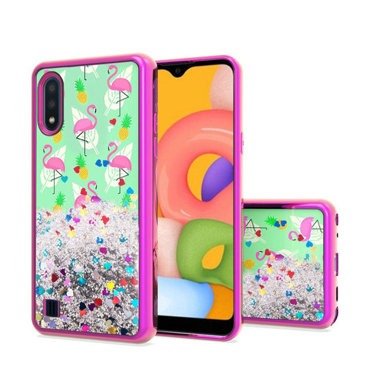 Samsung A01 Design Water Quicksand Glitter Chrome TPU - Flamingo Pineapple Feather (9769)