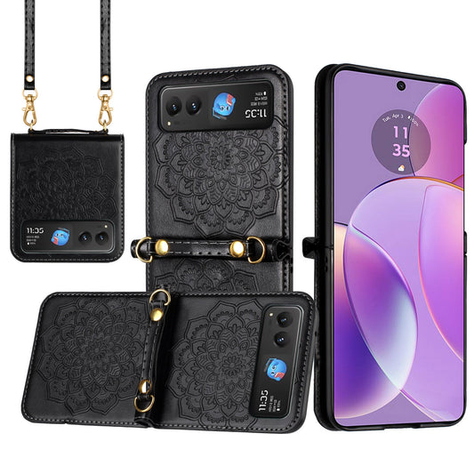 Motorola Razr 2023 Embossed Floral Design Case Cover with Strap - Black (1106327)