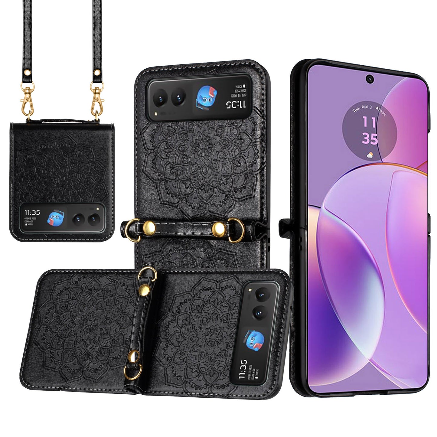 Motorola Razr 2025/ 2024 Embossed Floral Design Case Cover with Strap - Black (1107110)