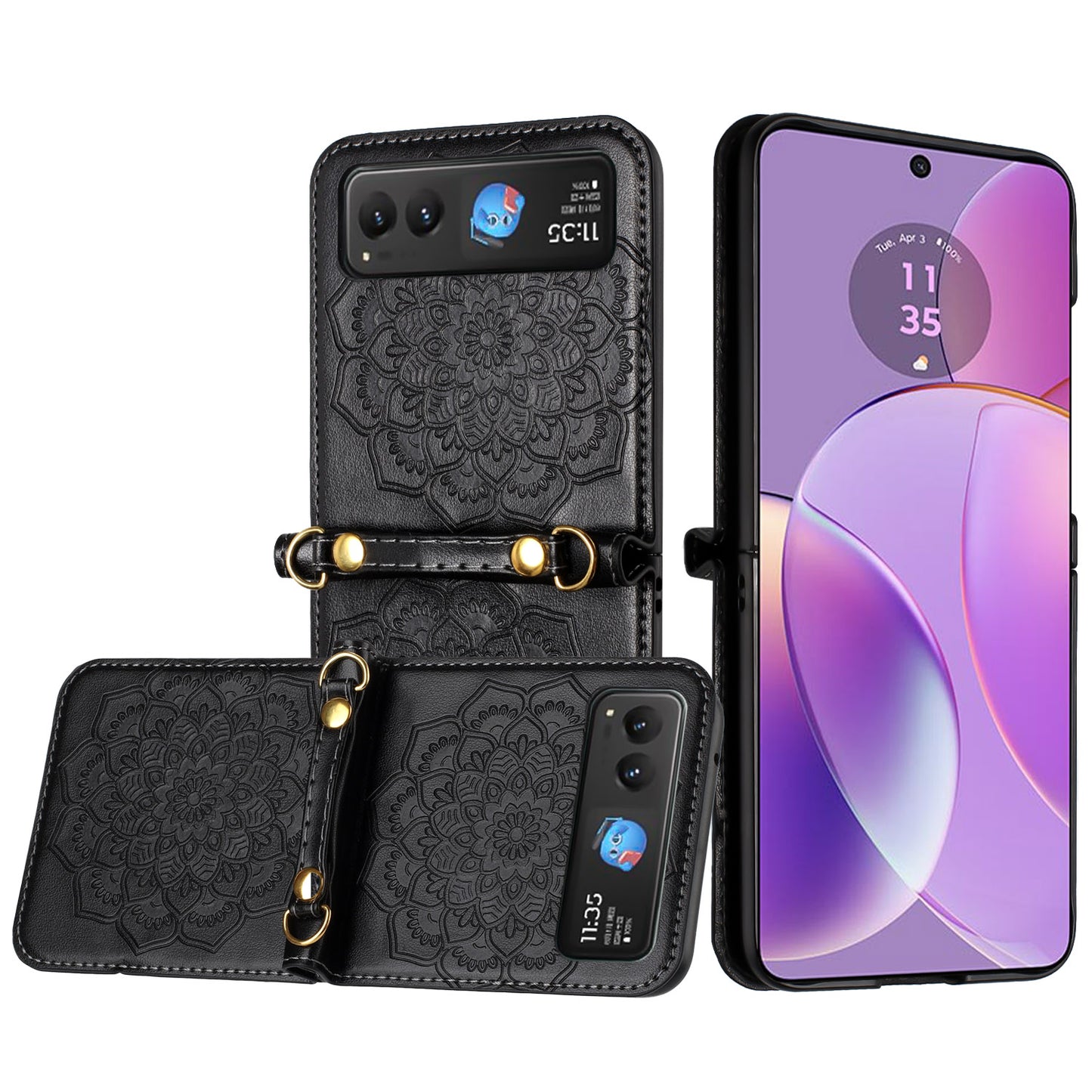 Motorola Razr 2023 Embossed Floral Design Case Cover with Strap - Black (1106327)