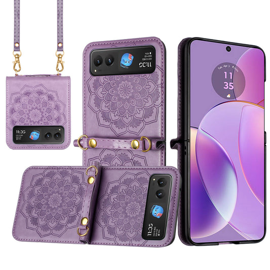 Motorola Razr 2023 Embossed Floral Design Case Cover with Strap - Purple (1106328)