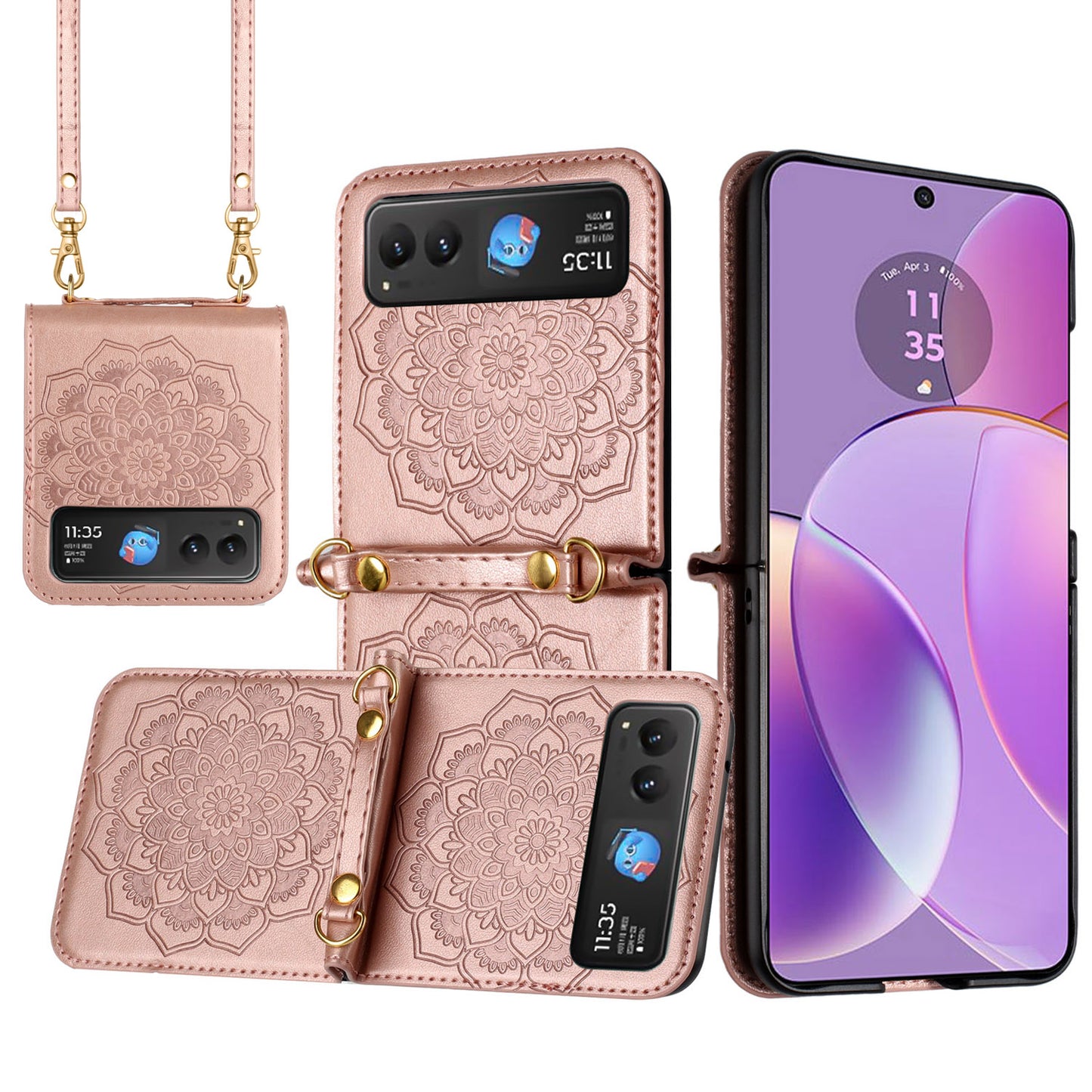 Motorola Razr 2023 Embossed Floral Design Case Cover with Strap - Rose Gold (1106330)
