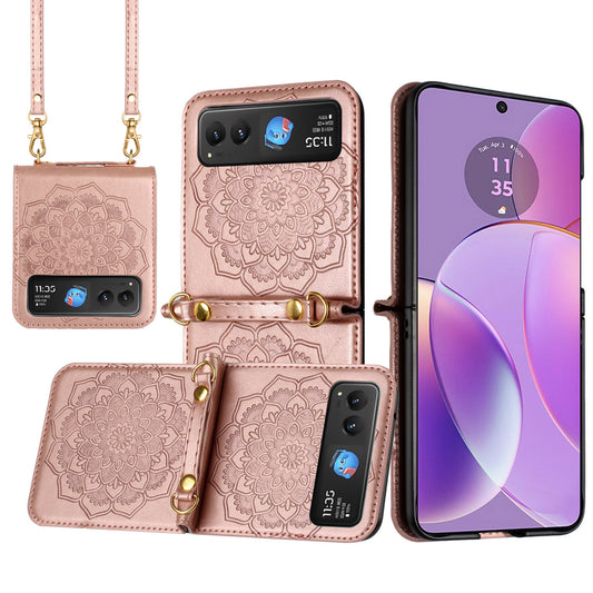 Motorola Razr 2023 Embossed Floral Design Case Cover with Strap - Rose Gold (1106330)