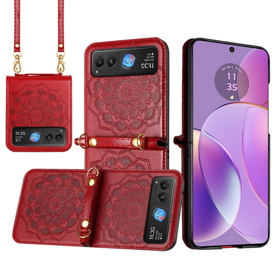 Motorola Razr 2023 Embossed Floral Design Case Cover with Strap - Red (1106329)