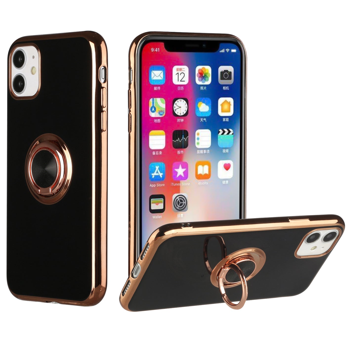 Apple iPhone 12 Pro Max 6.7 Electroplated TPU with Metal Ring Stand Case Cover - Black (1100445)