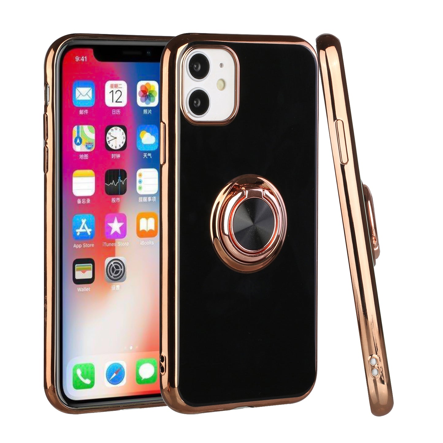 Apple iPhone 12 Pro Max 6.7 Electroplated TPU with Metal Ring Stand Case Cover - Black (1100445)