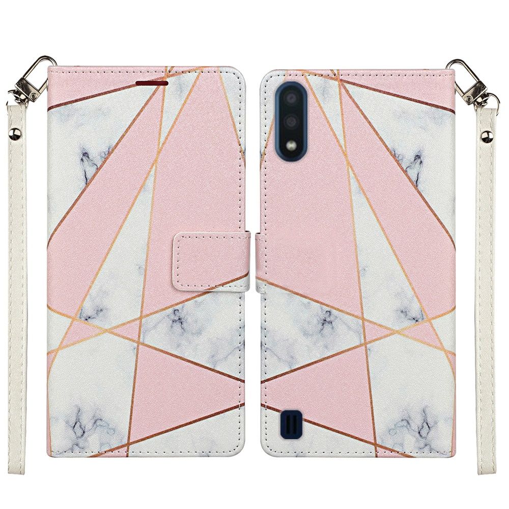 Samsung A01 Fashion Wristlet Wallet with Strap -Pink Marble (10252)