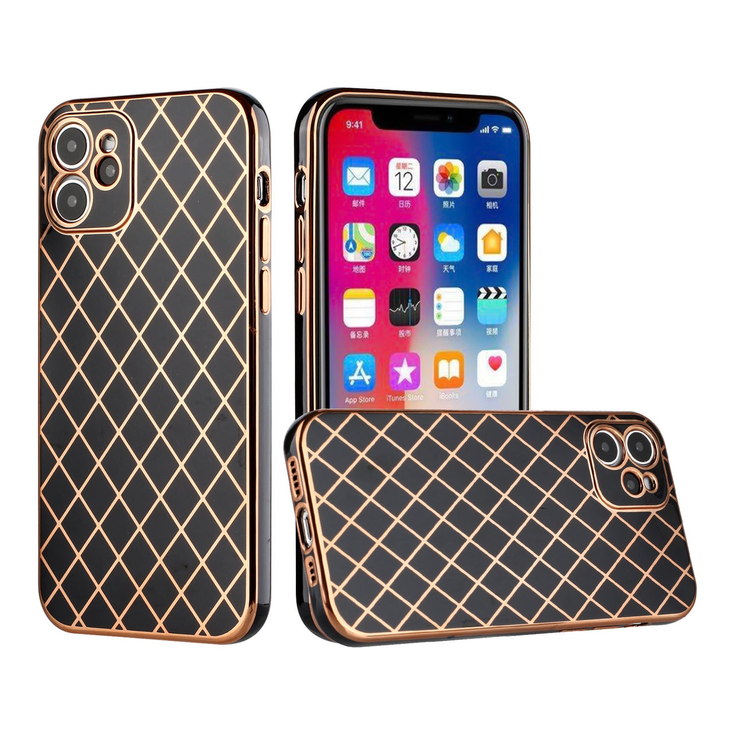 Apple iPhone XR Electroplated Grid Diamond Lines TPU Case Cover - Black (1103029)