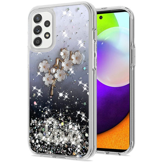 Samsung Galaxy A52 5G Love Floral Ornament Epoxy Shimmer Glitter Case Cover - Black (1101589)