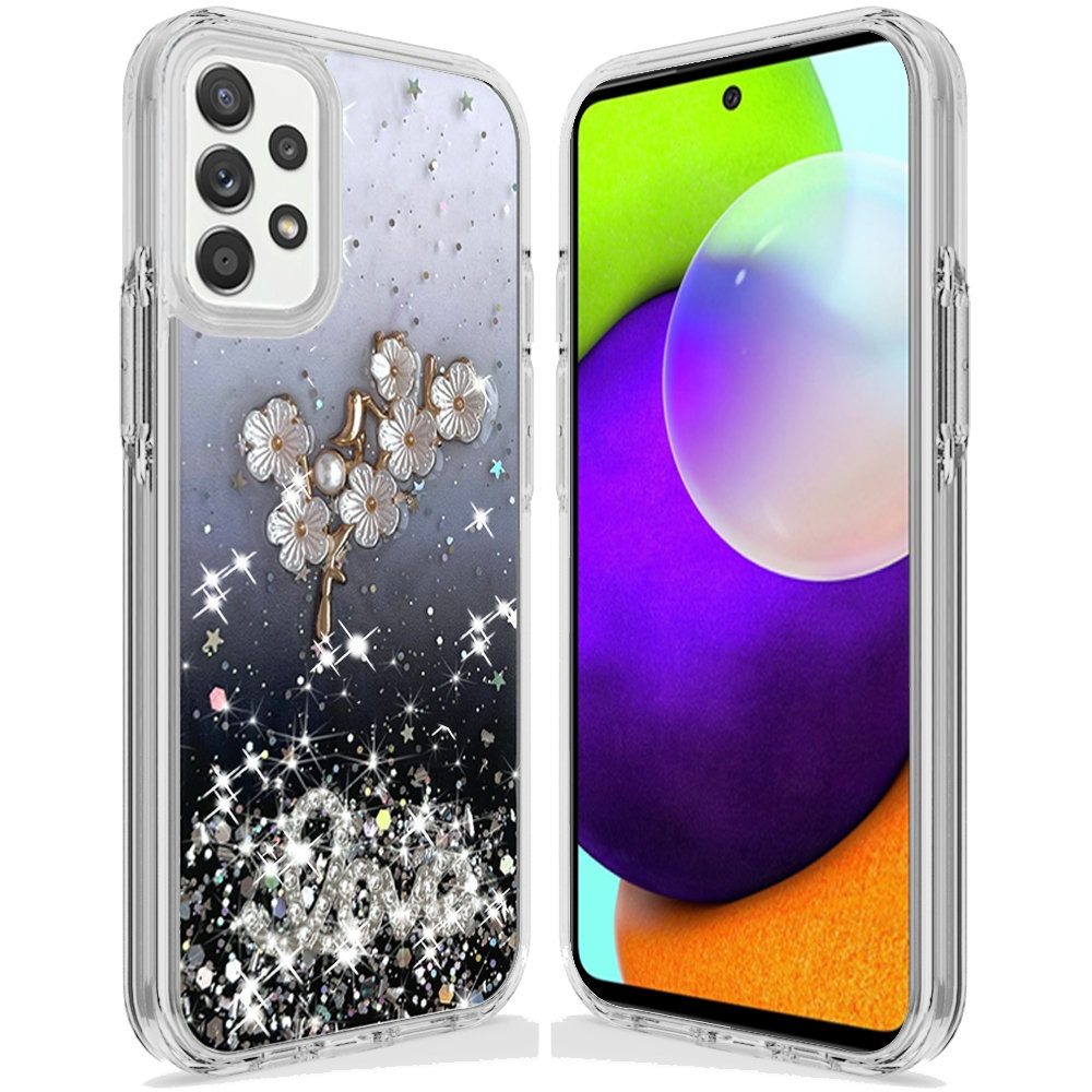 Samsung Galaxy A52 5G Love Floral Ornament Epoxy Shimmer Glitter Case Cover - Black (1101589)