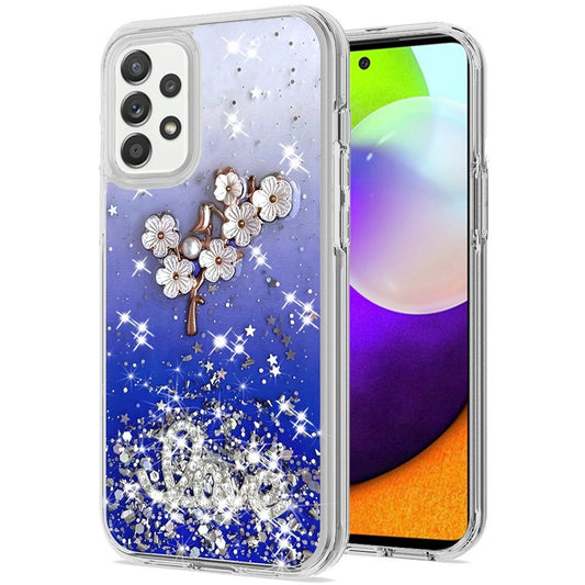 Samsung Galaxy A52 5G Love Floral Ornament Epoxy Shimmer Glitter Case Cover - Blue (1101590)