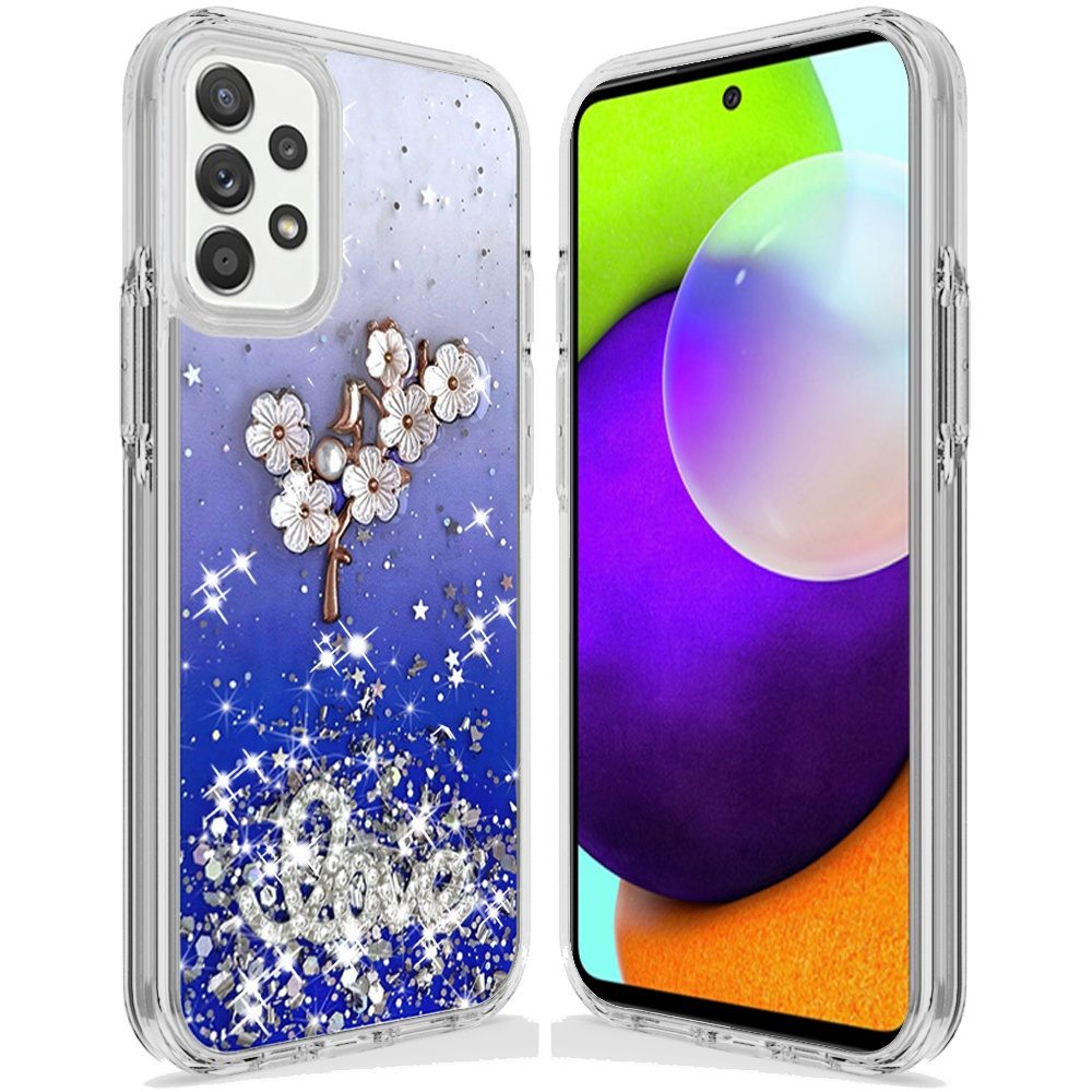 Samsung Galaxy A52 5G Love Floral Ornament Epoxy Shimmer Glitter Case Cover - Blue (1101590)