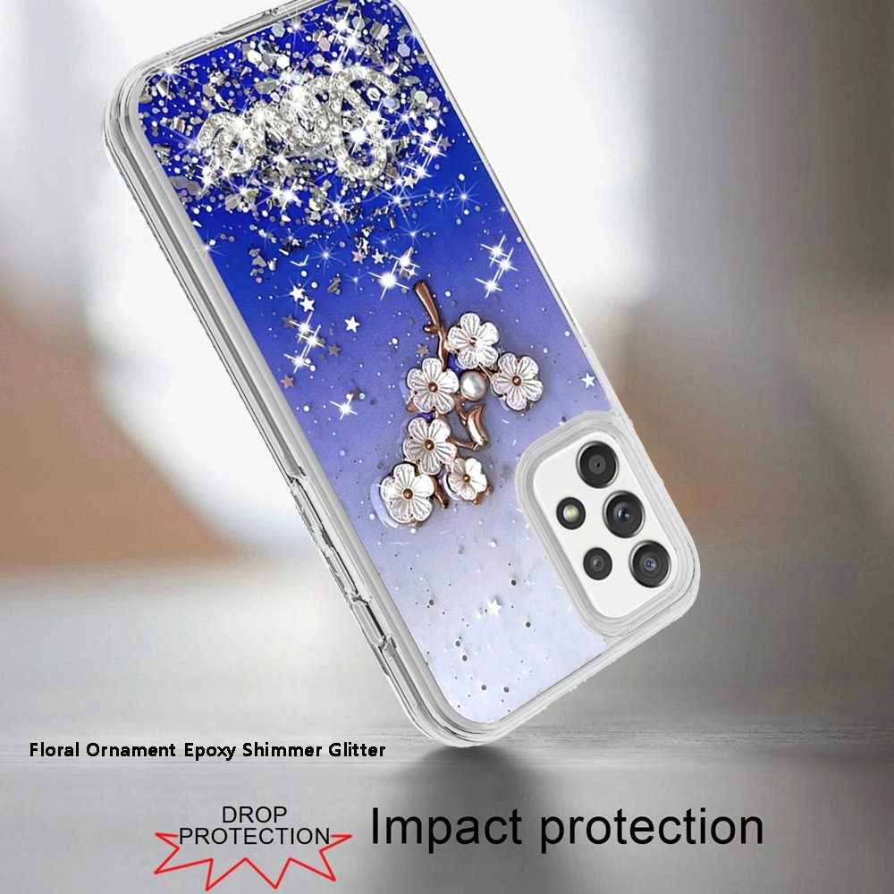 Samsung Galaxy A52 5G Love Floral Ornament Epoxy Shimmer Glitter Case Cover - Blue (1101590)