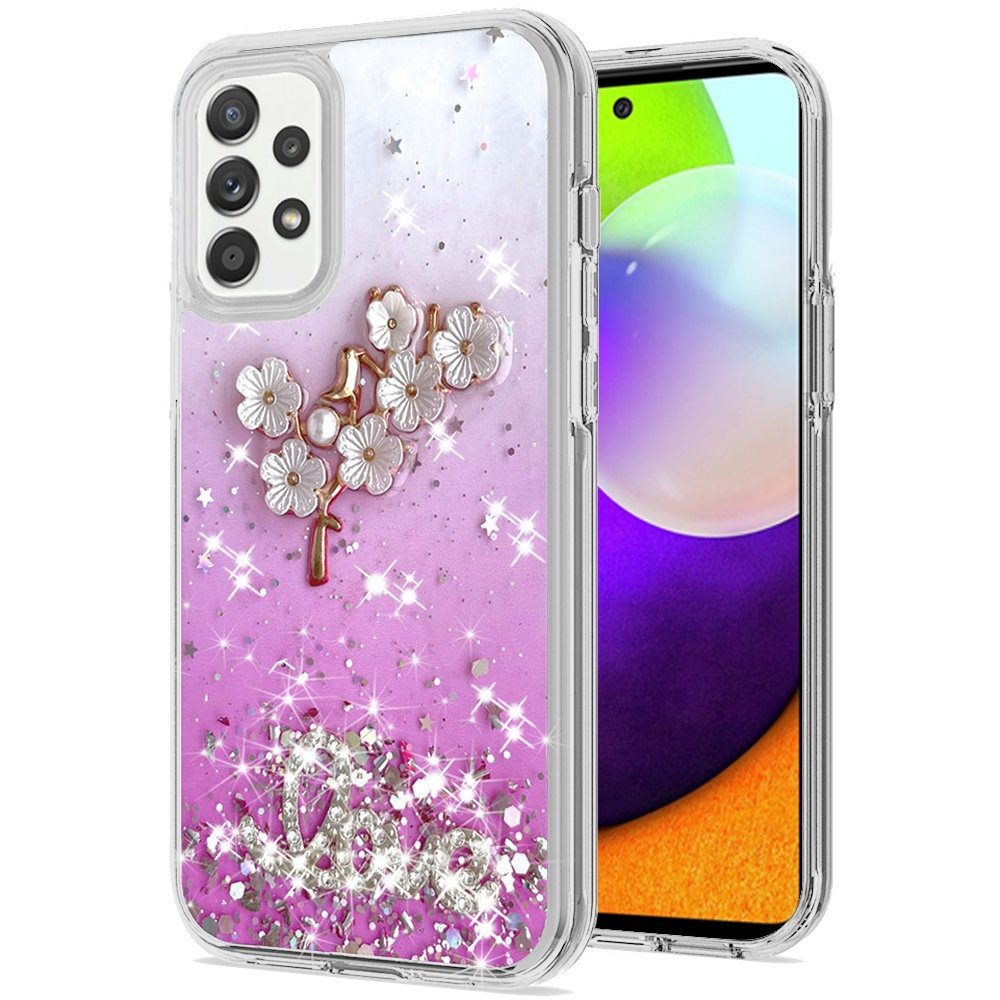 Samsung Galaxy A52 5G Love Floral Ornament Epoxy Shimmer Glitter Case Cover - Pink (1101591)