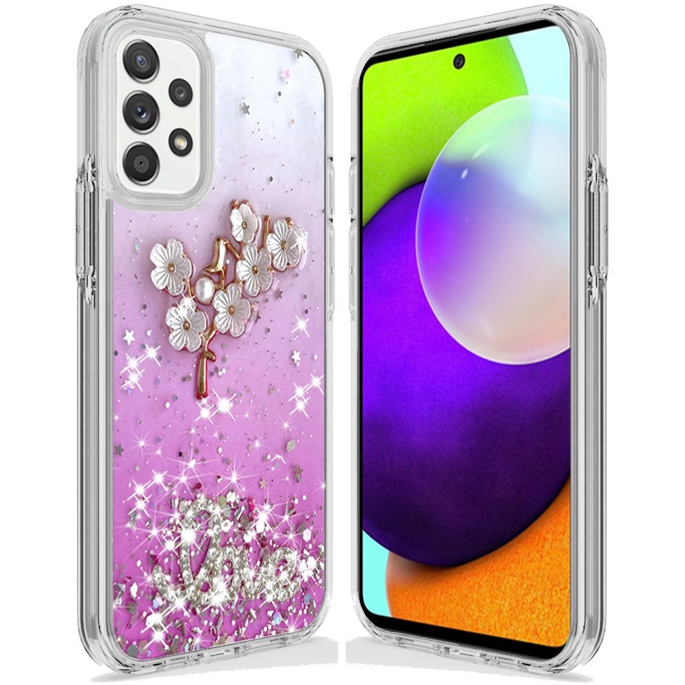 Samsung Galaxy A52 5G Love Floral Ornament Epoxy Shimmer Glitter Case Cover - Pink (1101591)