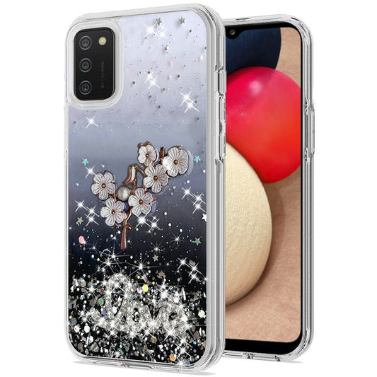 Samsung A02s Love Floral Ornament Epoxy Shimmer Glitter Case Cover - Black (1101512)