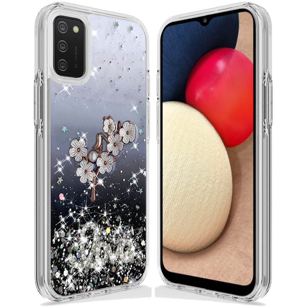 Samsung A02s Love Floral Ornament Epoxy Shimmer Glitter Case Cover - Black (1101512)