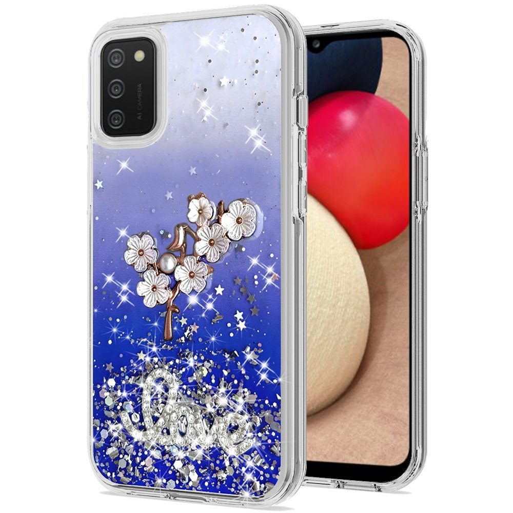 Samsung A02s Love Floral Ornament Epoxy Shimmer Glitter Case Cover - Blue (1101575)
