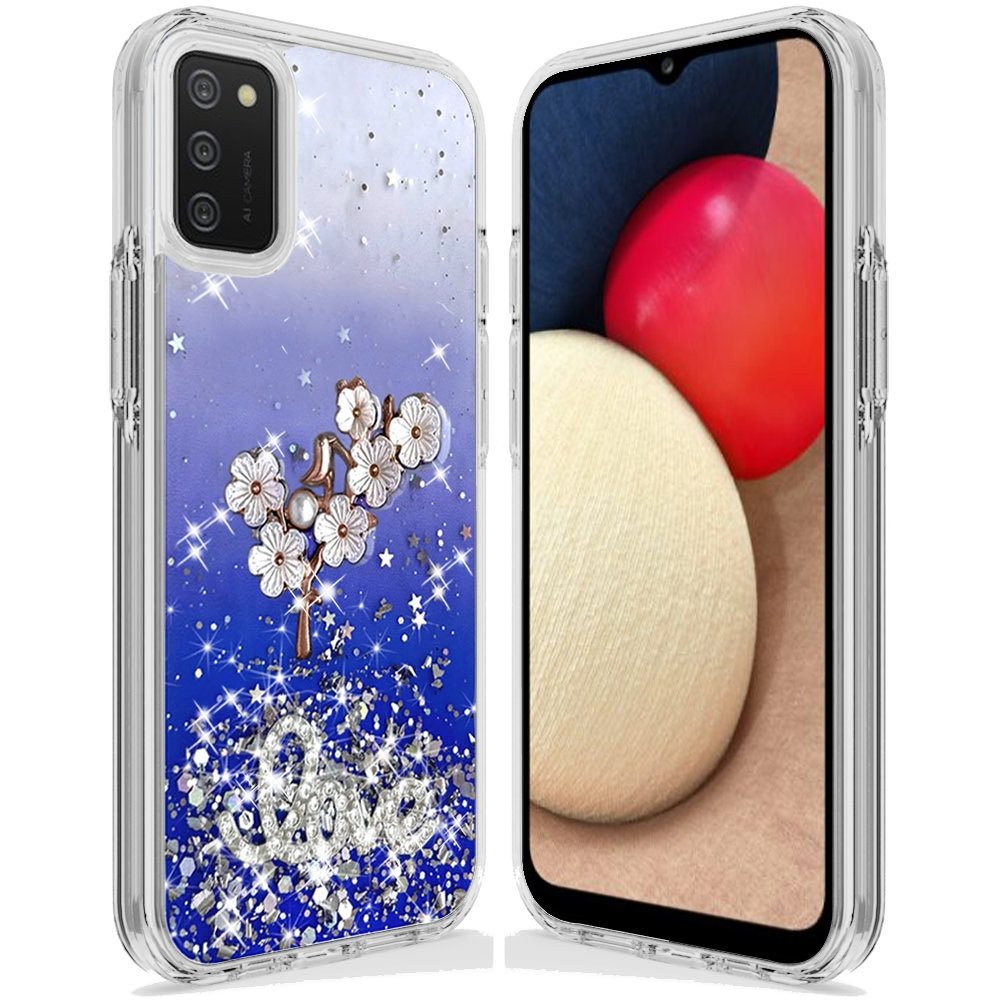 Samsung A02s Love Floral Ornament Epoxy Shimmer Glitter Case Cover - Blue (1101575)