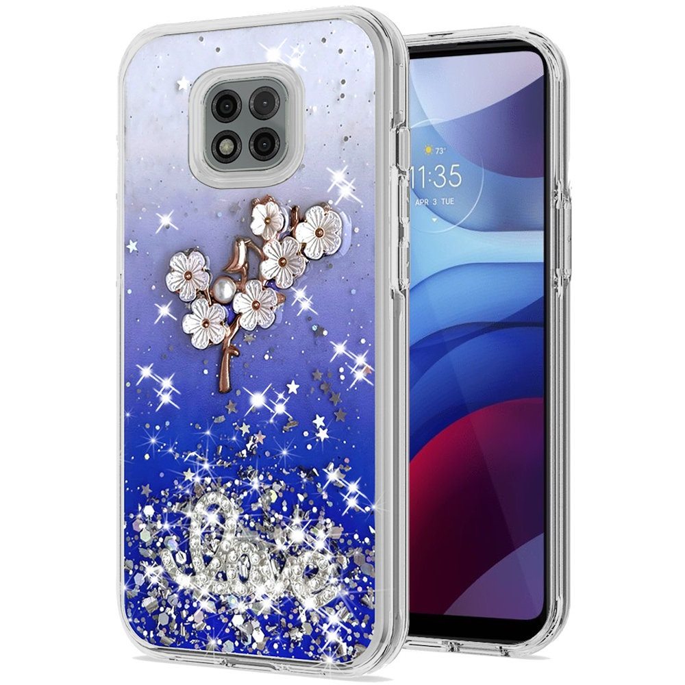 Moto G Power 2021 Love Floral Ornament Epoxy Shimmer Glitter Case Cover - Blue (1102898)