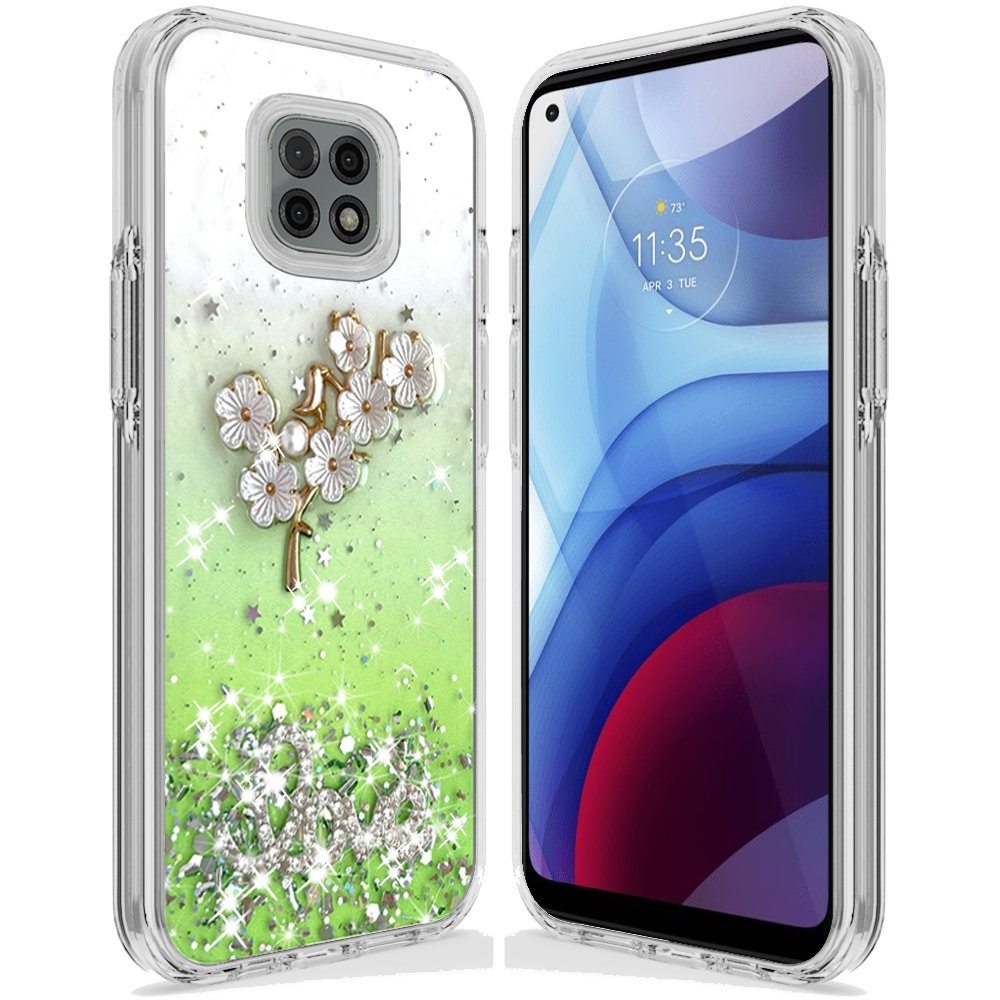 Moto G Power 2021 Love Floral Ornament Epoxy Shimmer Glitter Case Cover - Neon Green (1102899)
