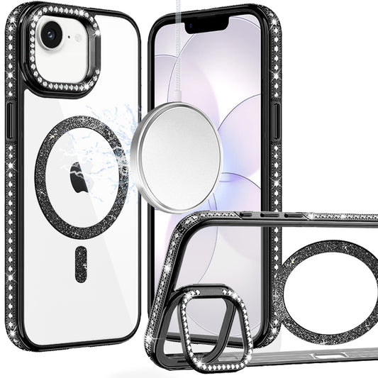 iPhone 17E / 16E / Luxury Diamond Edged Magnetic Glitter Circle Hybrid with Camera Stand - Black ( 1107781) (MSRP $69.99)