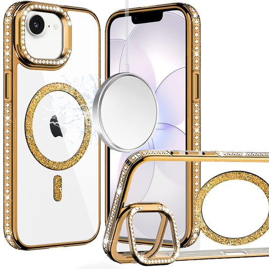iPhone 17E / 16E / Luxury Diamond Edged Magnetic Glitter Circle Hybrid with Camera Stand - Gold( 1107782) (MSRP $69.99)