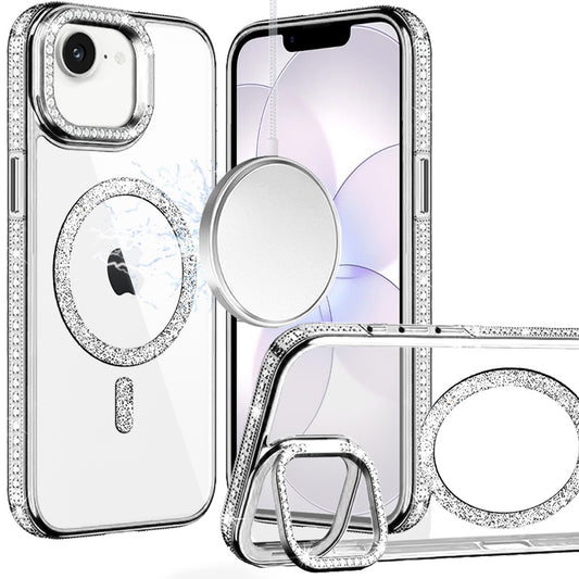 iPhone 16E (E edition) / SE4 (2025) Luxury Diamond Edged Magnetic Glitter Circle Hybrid with Camera Stand - Silver (1108284)(MSRP $59.99)