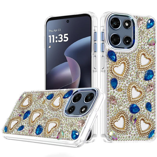 Moto G 5G 2025/2026 / G PLAY 2026 Luxury Crystal Heart Rhinestones Diamond Bling Hybrid Case - Blue  (1108089) (MSRP $59.99)