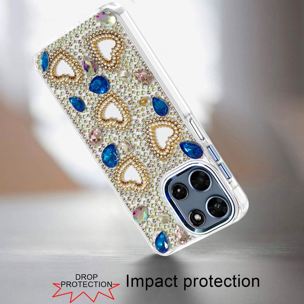 Moto G 5G 2025/2026 / G PLAY 2026 Luxury Crystal Heart Rhinestones Diamond Bling Hybrid Case - Blue  (1108089) (MSRP $59.99)