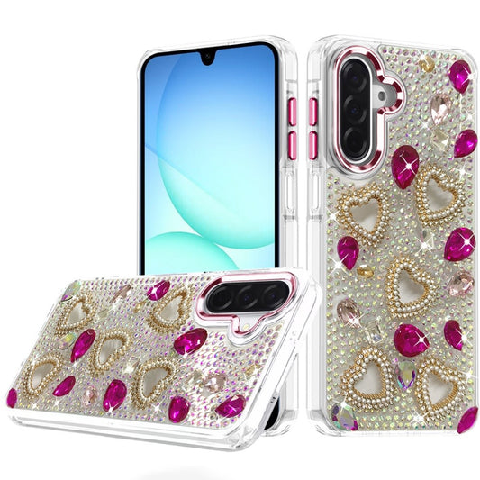 Samsung A17 / A16 5G Luxury Crystal Heart Rhinestones Diamond Bling Hybrid Case - Hot Pink  (1108096) (MSRP $59.99)