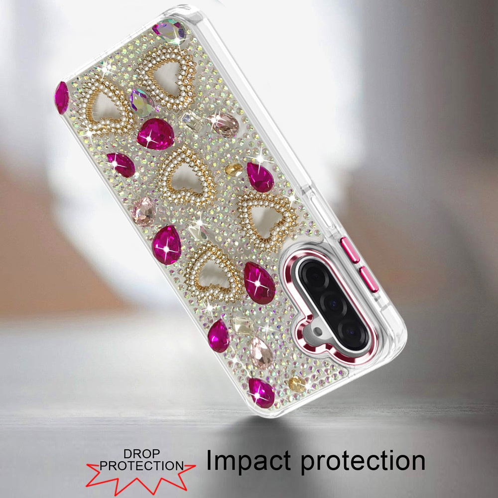 Samsung A17 / A16 5G Luxury Crystal Heart Rhinestones Diamond Bling Hybrid Case - Hot Pink  (1108096) (MSRP $59.99)