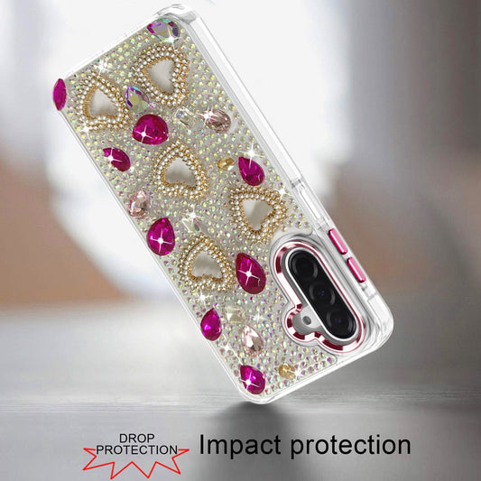 Samsung A17 / A16 5G Luxury Crystal Heart Rhinestones Diamond Bling Hybrid Case - Hot Pink  (1108096) (MSRP $59.99)