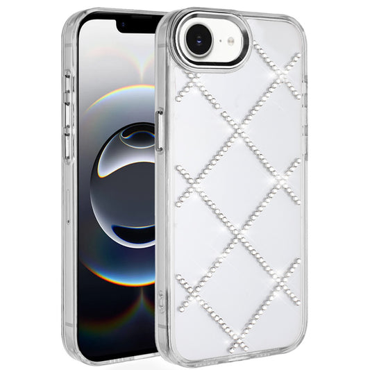 iPhone 17E / 16E Gem Glitter Diamond Transparent Hard Colorful TPU Hybrid Case - Silver ( 1107630) (MSRP $49.99)
