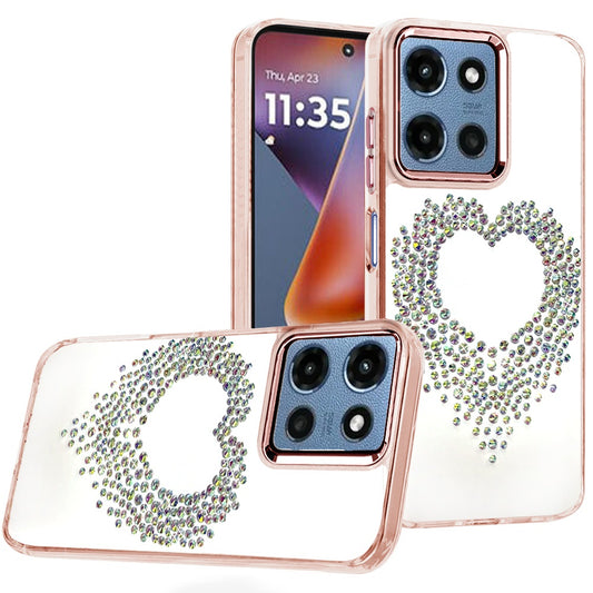 Moto G 5G 2025/2026 - G Play 2026 - Angel Hearts Bling Shimmer Colorful Glitter Chrome Edged Hybrid Case - Rose Gold  (1108088) (MSRP $49.99)
