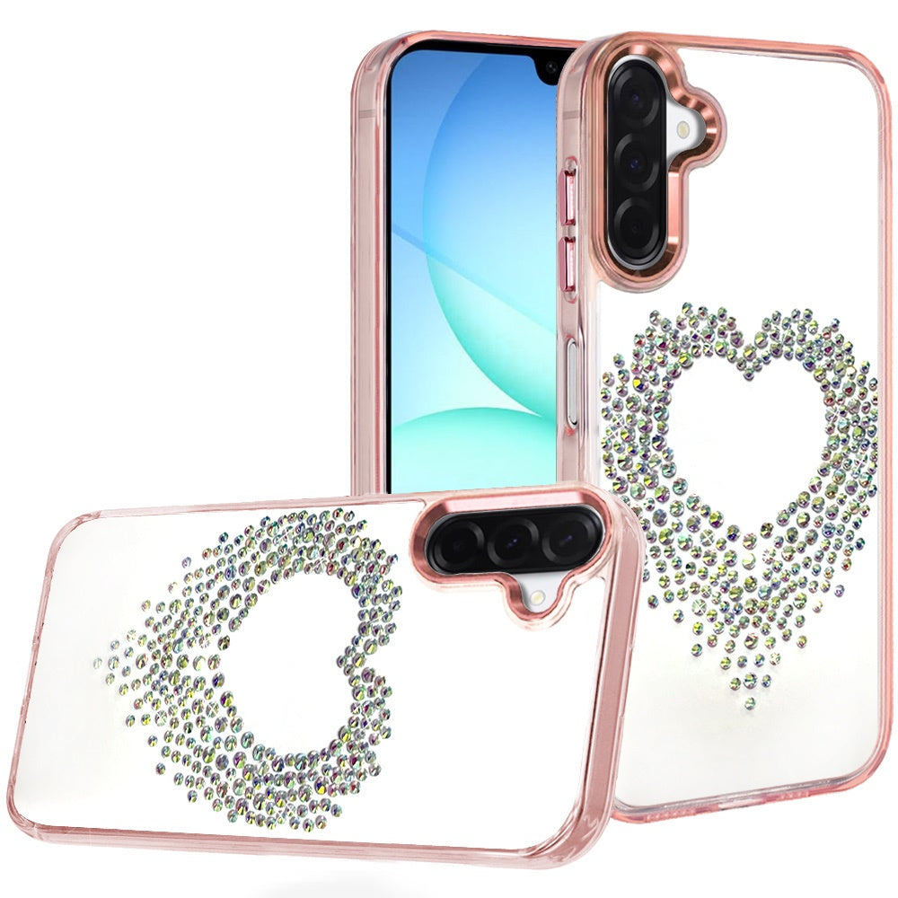 Samsung A17 / A16 5G Angel Hearts Bling Shimmer Colorful Glitter Chrome Edged Hybrid Case - Rose Gold  (1108092) (MSRP $49.99)