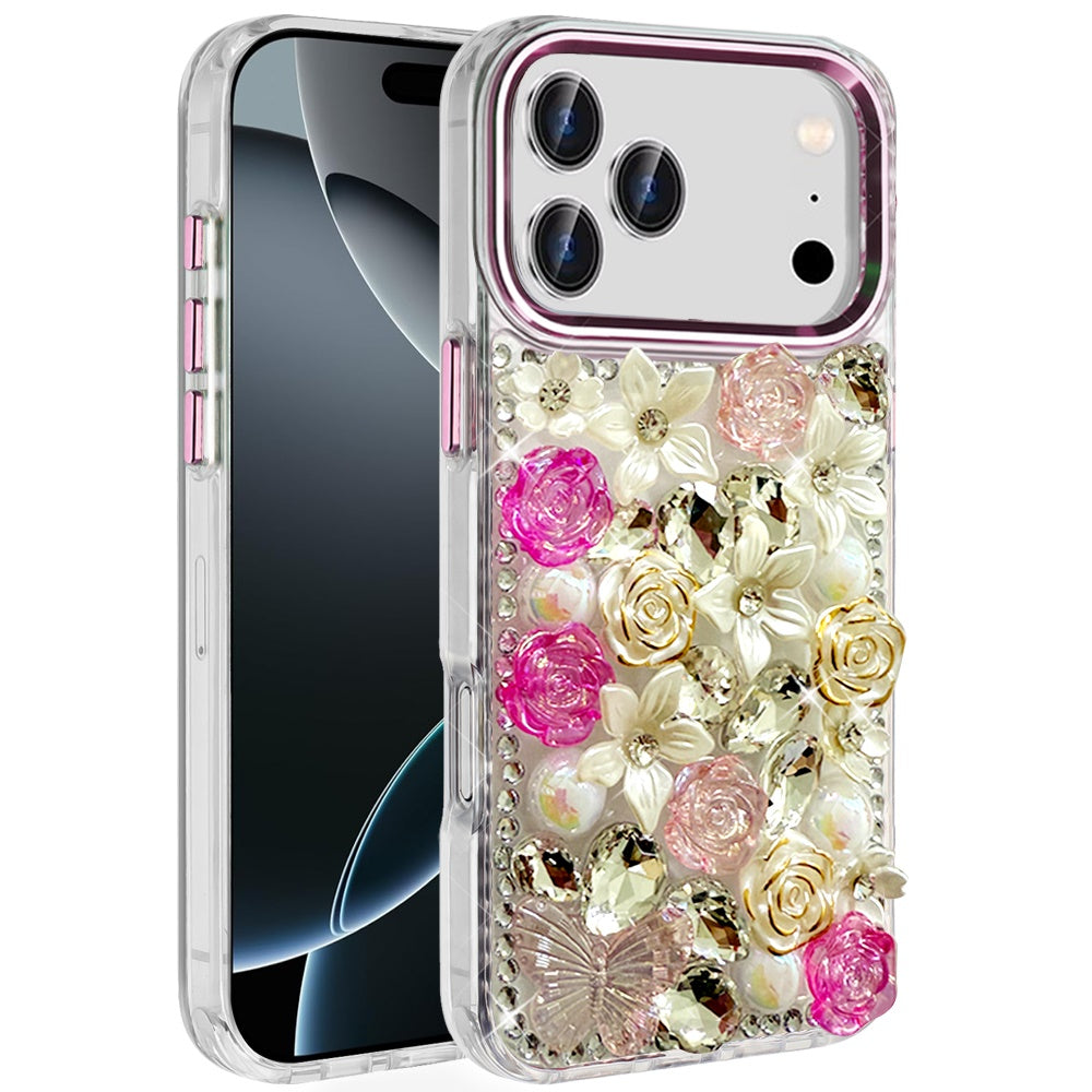Apple iPhone 18/17 Pro Muti-Color Rose Bling Stones Ornaments Case - Pink (1108211) MSRP (69.99)