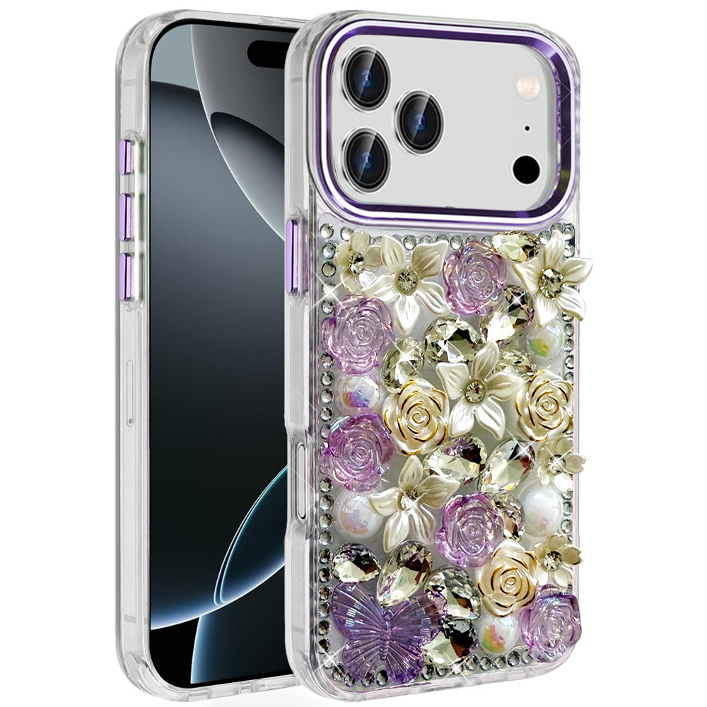 Apple iPhone 18/17 Pro Muti-Color Rose Bling Stones Ornaments Case - Purple (1108212) MSRP (69.99)
