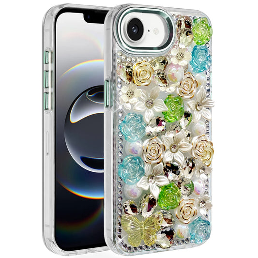 iPhone 17E / 16E / SE4 Muti-Color Rose Bling Stones Ornaments Case - Green (1108283)(MSRP $59.99)