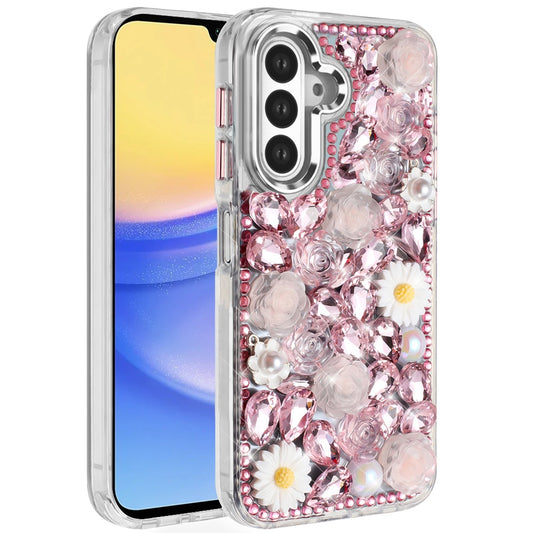 Samsung A15 5G Spectacular Full Bling Stones Glitter HQ Hybrid Floral Series - Pink ( 1103376) (MSRP $59.99)