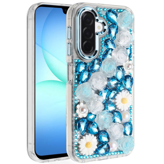 Samsung A17 / A16 5G  Spectacular Full Bling Stones Glitter HQ Hybrid Floral Series - Blue  (1108098) (MSRP $59.99)