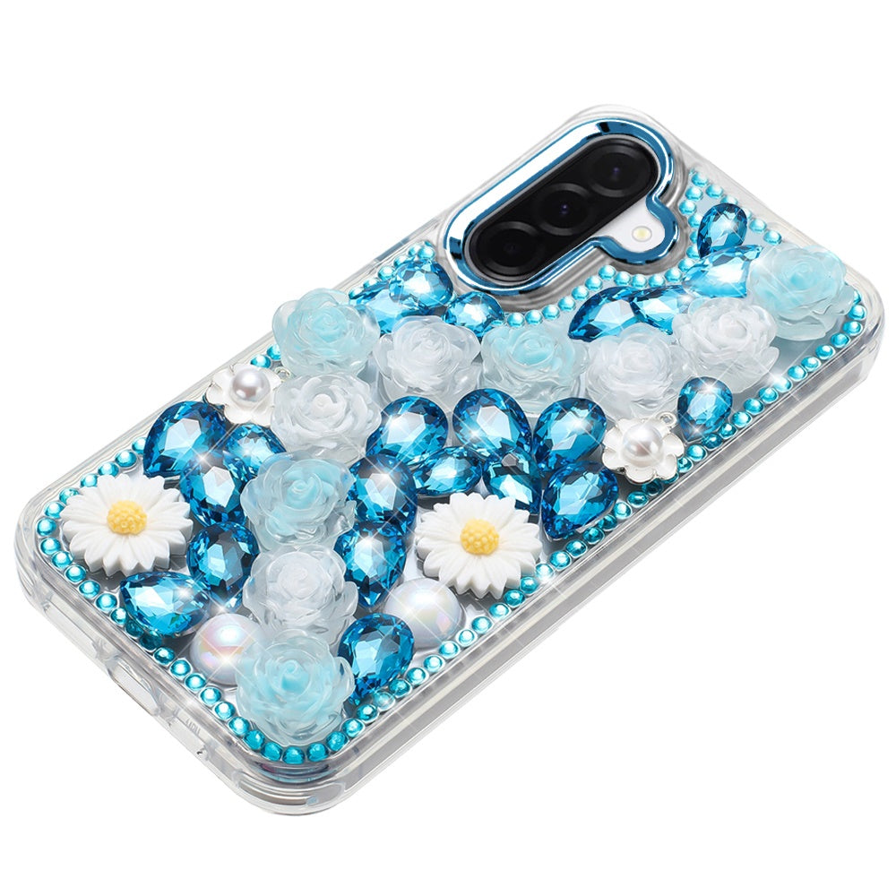 Samsung A17 / A16 5G  Spectacular Full Bling Stones Glitter HQ Hybrid Floral Series - Blue  (1108098) (MSRP $59.99)