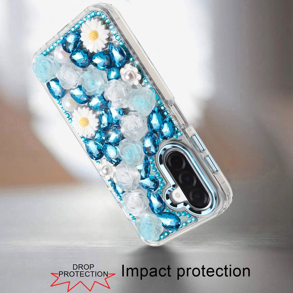Samsung A17 / A16 5G  Spectacular Full Bling Stones Glitter HQ Hybrid Floral Series - Blue  (1108098) (MSRP $59.99)