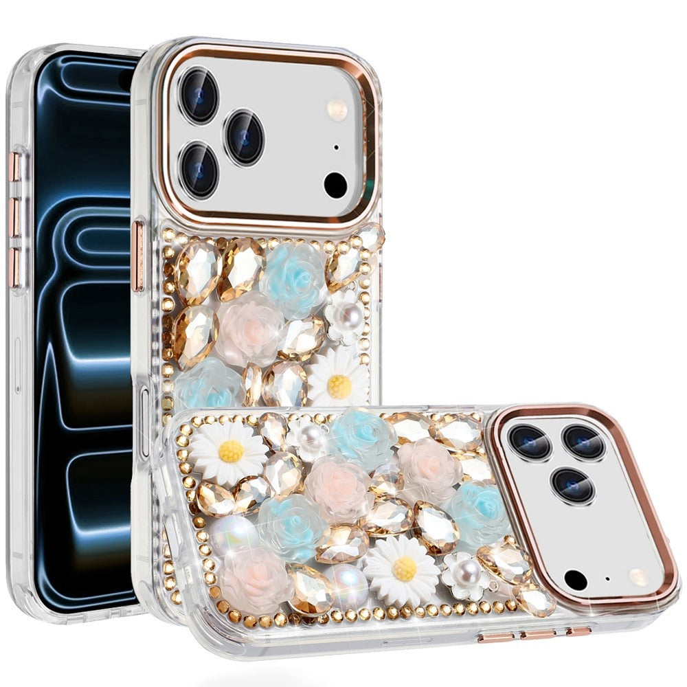 Apple iPhone 18/17 Pro Max Spectacular Full Bling Stones Glitter HQ Hybrid Floral Series - Gold (1108216) MSRP (69.99)