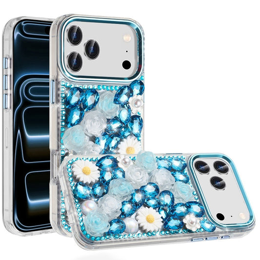 Apple iPhone 18/17 Pro Spectacular Full Bling Stones Glitter HQ Hybrid Floral Series - Blue (1108214) MSRP (69.99)