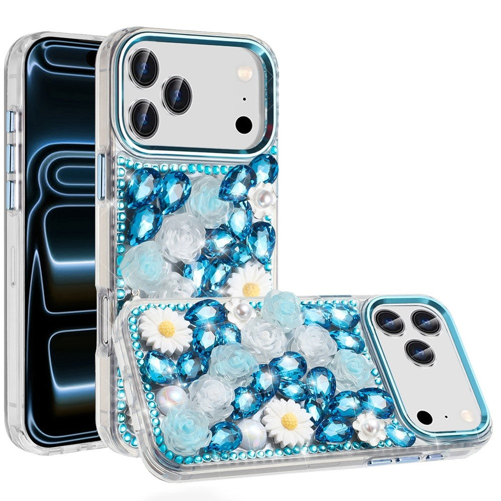 Apple iPhone 18/17 Pro Max Spectacular Full Bling Stones Glitter HQ Hybrid Floral Series - Blue (1108215) MSRP (69.99)