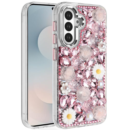 Samsung s25 FE Spectacular Full Bling Stones Glitter HQ Hybrid Floral Series - Pink ( 1103418) (MSRP $59.99) )